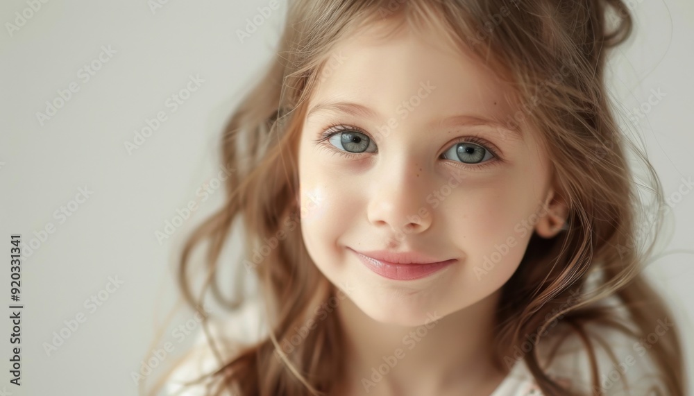 Young girl with long hair smiles warmly against a light backdrop during the afternoon Young girl with long hair smiles warmly against a light backdrop during the afternoon