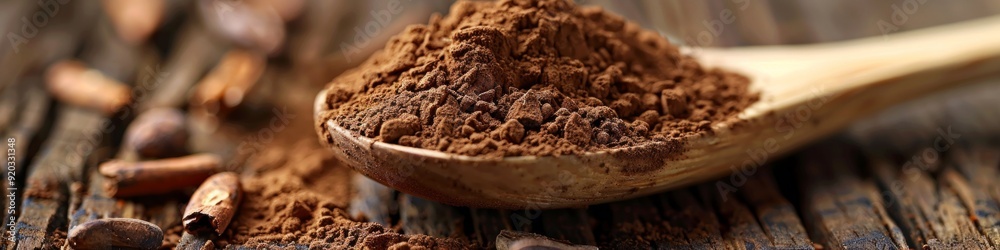 Fototapeta premium Cocoa powder with cocoa beans and cocoa mass