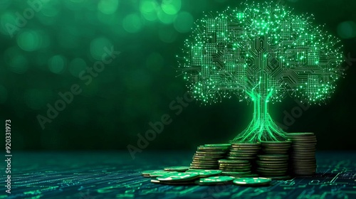 Advanced green finance initiatives illustrated by a digital tree flourishing from stacked coins, representing the fusion of finance and technology with a glowing green network in the background.