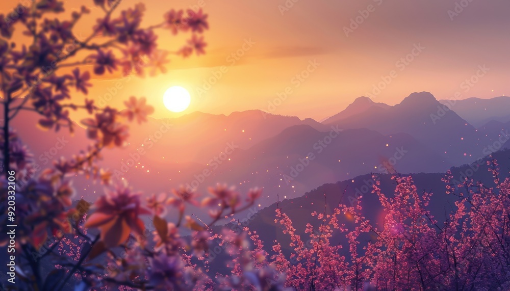 Serene sunset over mountains with blooming cherry blossoms in the foreground Serene sunset over mountains with blooming cherry blossoms in the foreground