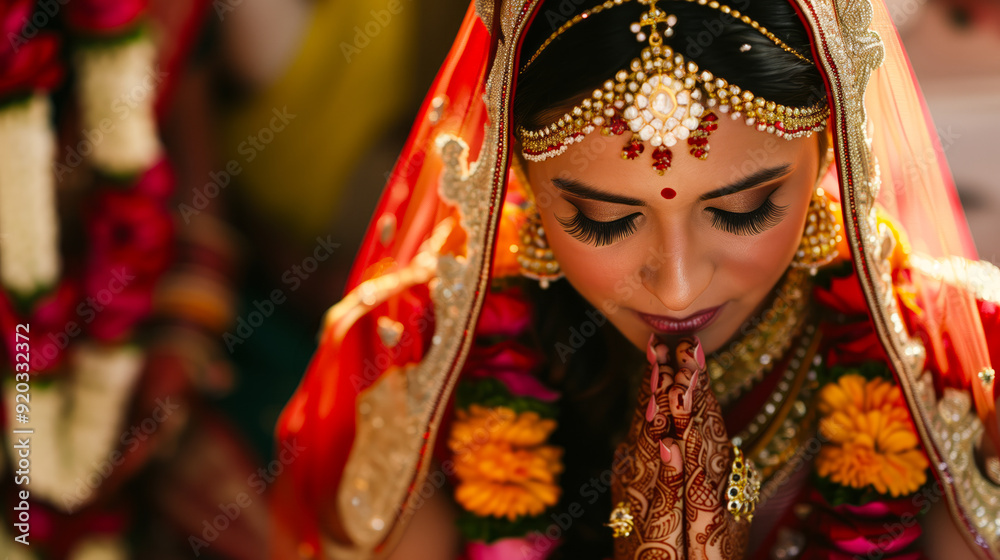 Indian wedding Mangalsutra ceremony, bride's eyes closed in prayer as groom ties the mangalsutra Indian wedding Mangalsutra ceremony, bride's eyes closed in prayer as groom ties the mangalsutra