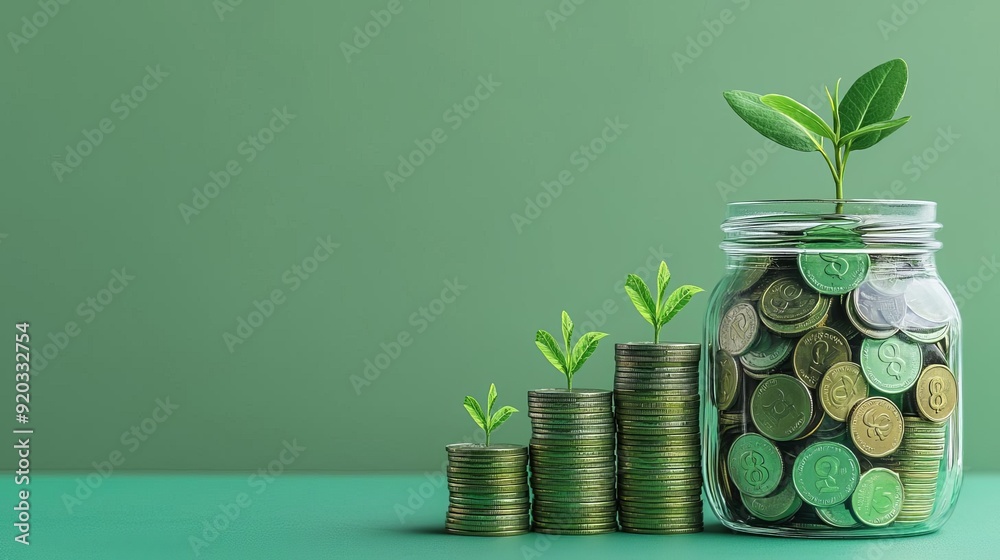 Green finance growth represented by a jar of coins and sprouting plants, symbolizing the nurturing of sustainable investments within a minimalist green setting. Green finance growth represented by a jar of coins and sprouting plants, symbolizing the nurturing of sustainable investments within a minimalist green setting.