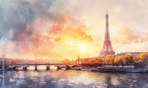 Watercolor The main attraction of Paris and all of Europe is the Eiffel tower in the rays of the setting sun on the bank of Seine river