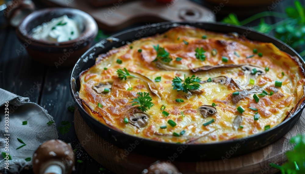 Savory mushroom and cheese frittata with fresh herbs on a rustic wooden table Savory mushroom and cheese frittata with fresh herbs on a rustic wooden table