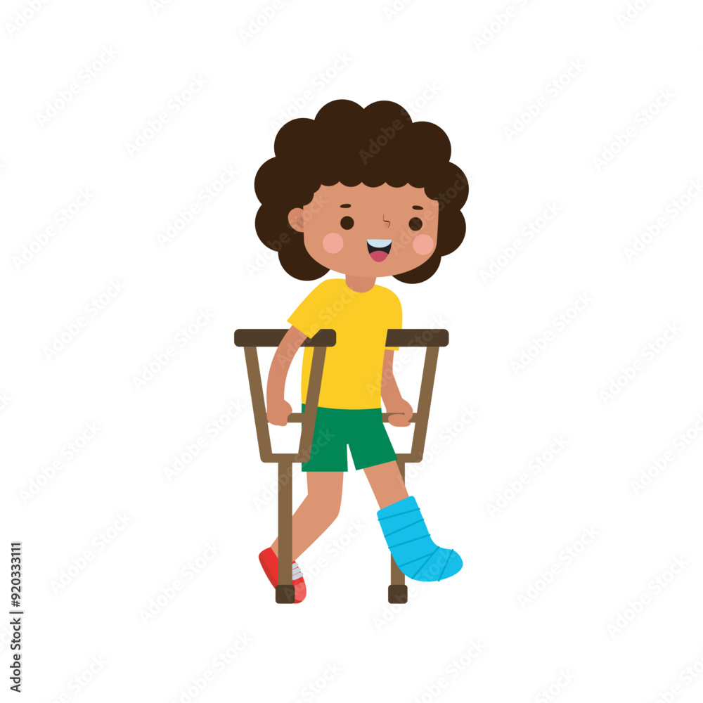 kid injured with broken leg in gypsum. little children standing on crutches, cartoon teen disabled character broken leg in plaster. isolated on white background Vector illustration