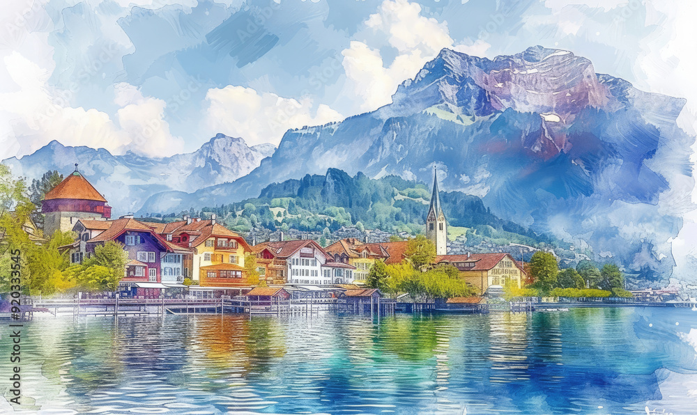 Fototapeta premium Watercolor village Weggis, lake Lucerne , Pilatus mountain and Swiss Alps in the background near famous Lucerne city, Switzerland