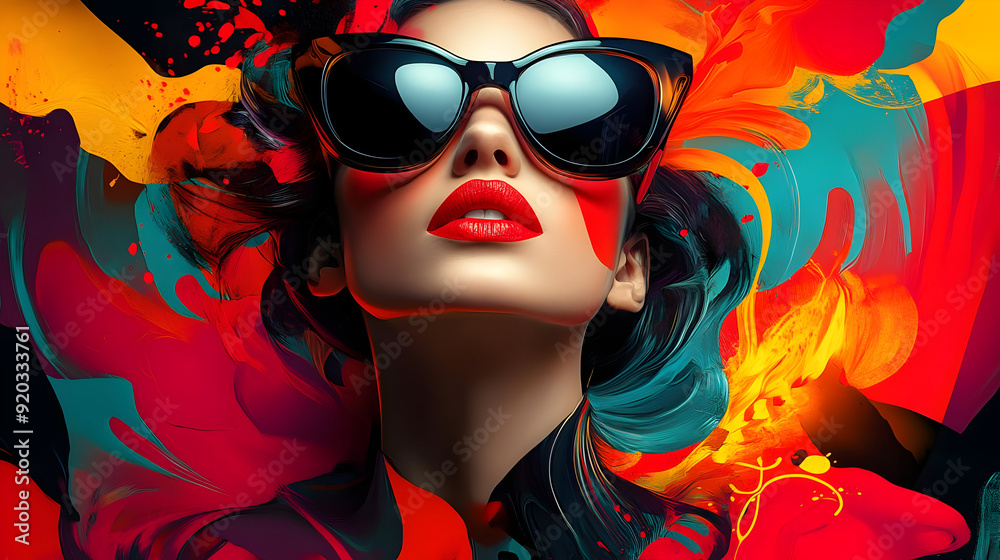 A vibrant, artistic portrayal of a woman with sunglasses amidst colorful abstract patterns. A vibrant, artistic portrayal of a woman with sunglasses amidst colorful abstract patterns.