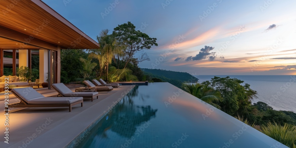 Fototapeta premium A wide-angle shot of an infinity pool with a scenic ocean view.