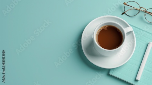 Flat Lay of Coffee Cup with Notebook, Pen, and Glasses on a Light Blue Background for Modern Workspace Inspiration