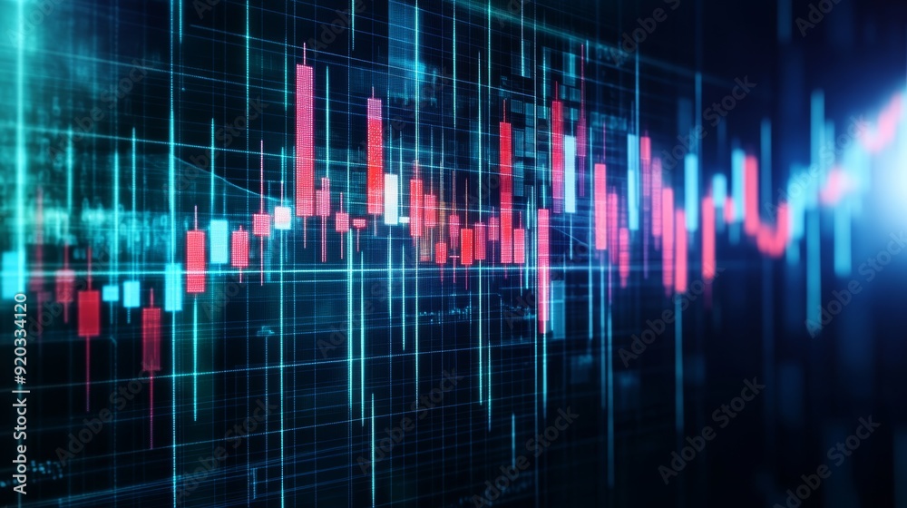 Vibrant financial chart displaying data trends with bright colors against a dark background, symbolizing market analysis. Vibrant financial chart displaying data trends with bright colors against a dark background, symbolizing market analysis.