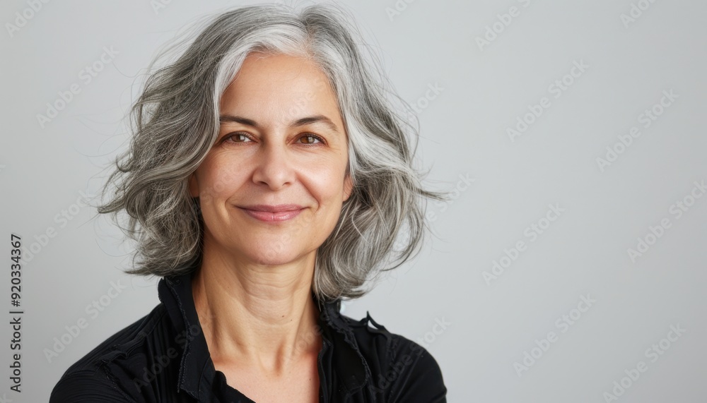Smiling middle-aged woman with gray hair against a neutral background Smiling middle-aged woman with gray hair against a neutral background