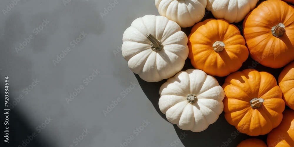 Top-down view of coloured pumpkins in sunlight and shadow arranged on a neutral background Top-down view of coloured pumpkins in sunlight and shadow arranged on a neutral background