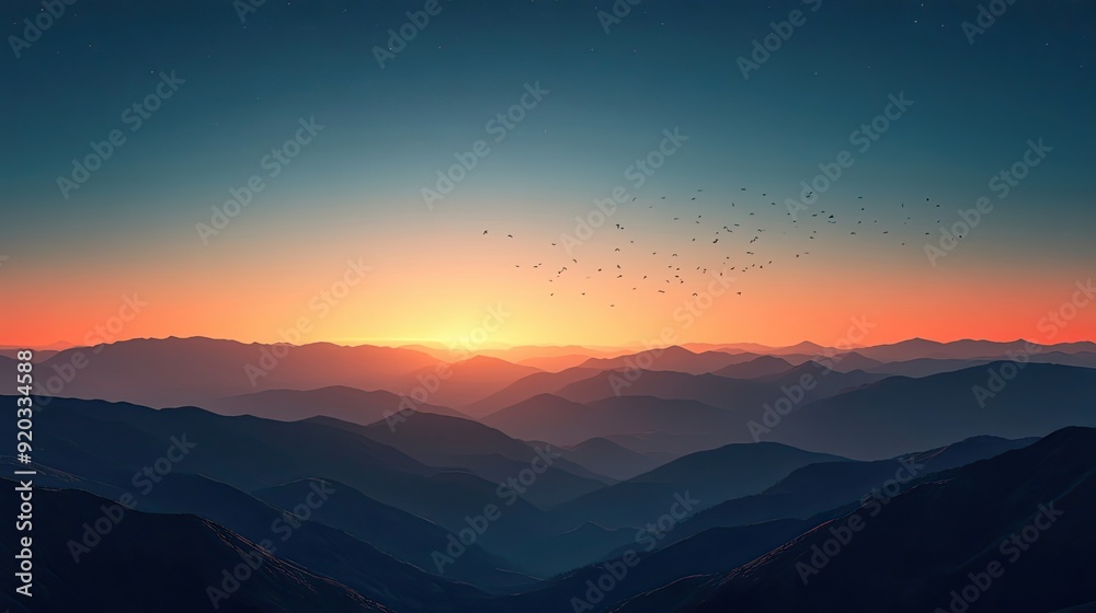 Silhouetted Mountain Range at Sunset with Birds Flying Silhouetted Mountain Range at Sunset with Birds Flying