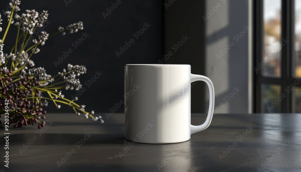 Warm morning ambiance showcasing a white coffee mug mockup on a dark realistic photo --ar 7:4 Job ID: 63d2048b-ba30-43d6-80a7-6c94b7b9999c Warm morning ambiance showcasing a white coffee mug mockup on a dark realistic photo --ar 7:4 Job ID: 63d2048b-ba30-43d6-80a7-6c94b7b9999c