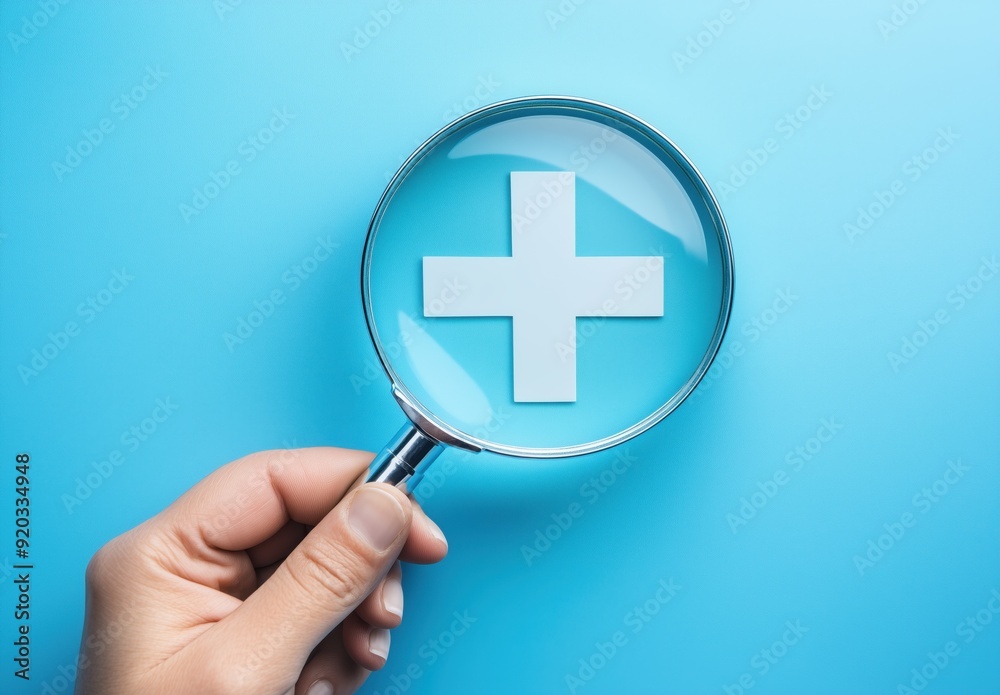 Fototapeta premium background with a magnifying glass pointed at a medical cross in blue tones