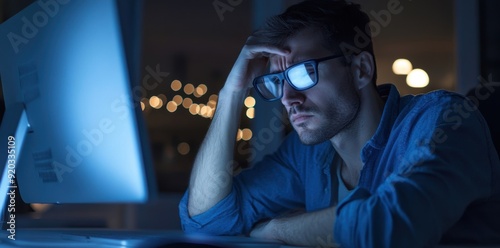 A person staring blankly at a computer screen, with fatigue, sleepiness, and mental fog depicted through blurry vision, illustrates the overwhelming effect of exhaustion and cognitive strain. photo