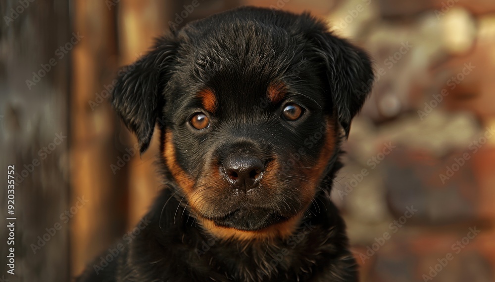 Playful Rottweiler puppy posing in natural light against a rustic background Playful Rottweiler puppy posing in natural light against a rustic background