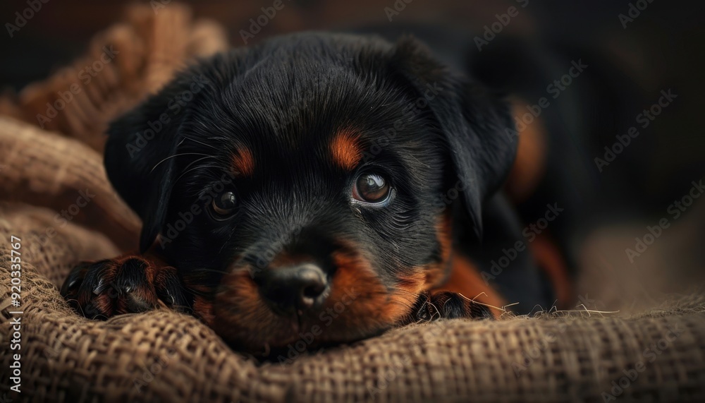 Rottweiler puppy resting on burlap fabric indoors during golden hour Rottweiler puppy resting on burlap fabric indoors during golden hour