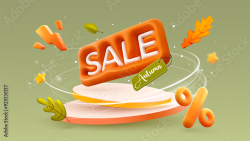 Autumn sale text on podium with falling leaves, discount tags. Pedestal, Fall sale advertising banner. Thanksgiving or seasonal marketing materials. Vector illustration. 3D design.