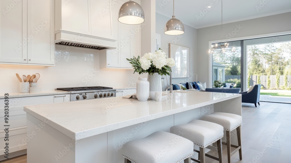 Elegant kitchen with high-end appliances, granite countertop, stylish bar stools, and chic pendant lights. Elegant kitchen with high-end appliances, granite countertop, stylish bar stools, and chic pendant lights.