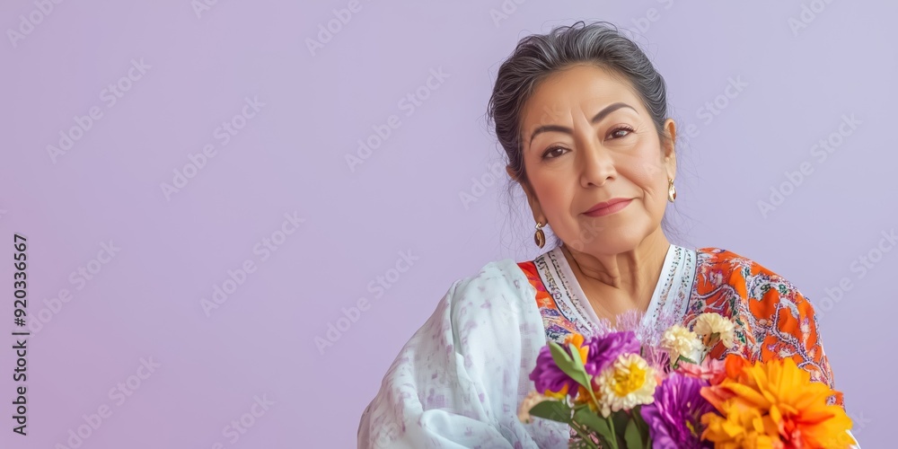 Confident senior hispanic woman holding a bouquet of flowers in celebration of hispanic heritage month