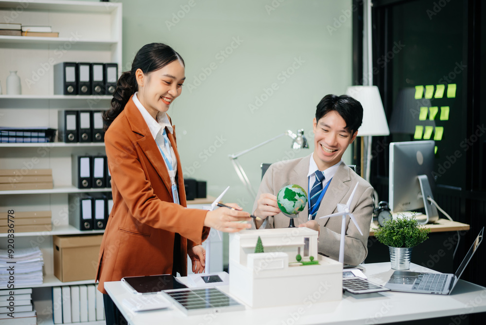 Young professionals for a greener future. Showcasing renewable energy solutions with solar panels, wind turbines, and a model house.