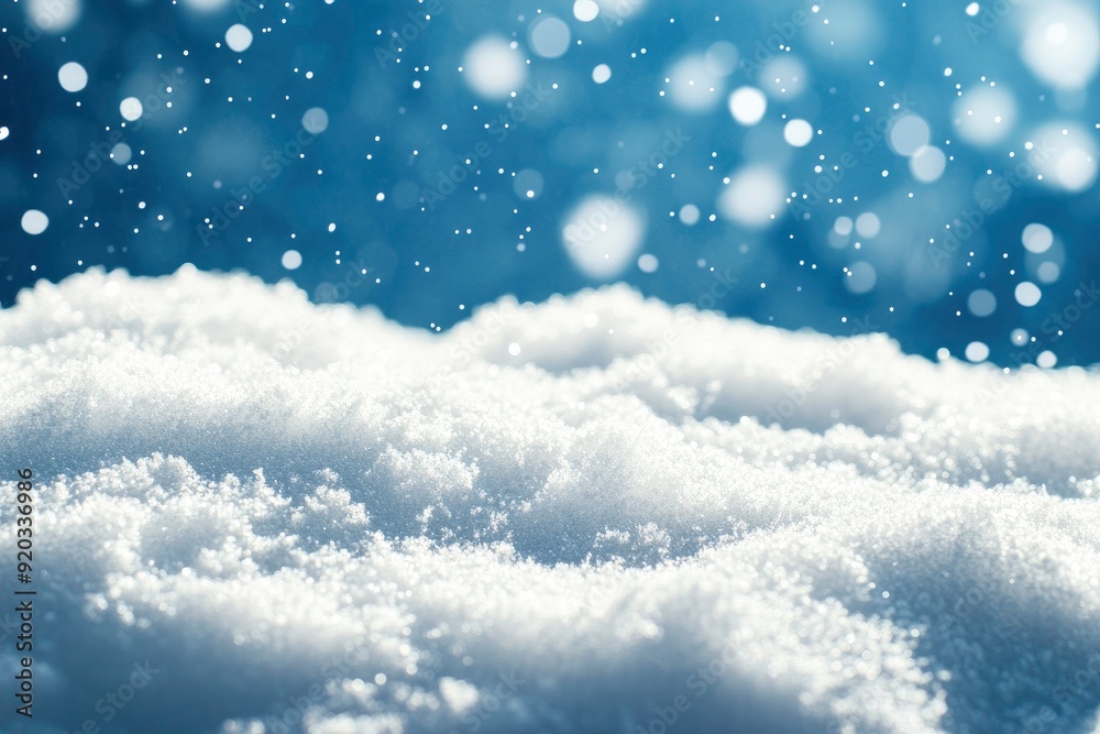 A thick layer of snow on blue background. Christmas and winter holidays product podium or background with snow texture with generative ai