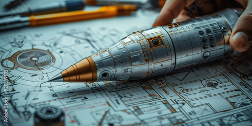 Fototapeta Naklejka Na Ścianę i Meble -  Engineers working on a drawing of a new spacecraft