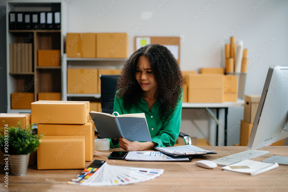 eelance woman working at home office, BOX,tablet and laptop online, marketing, packaging, delivery, e-commerce concept eelance woman working at home office, BOX,tablet and laptop online, marketing, packaging, delivery, e-commerce concept