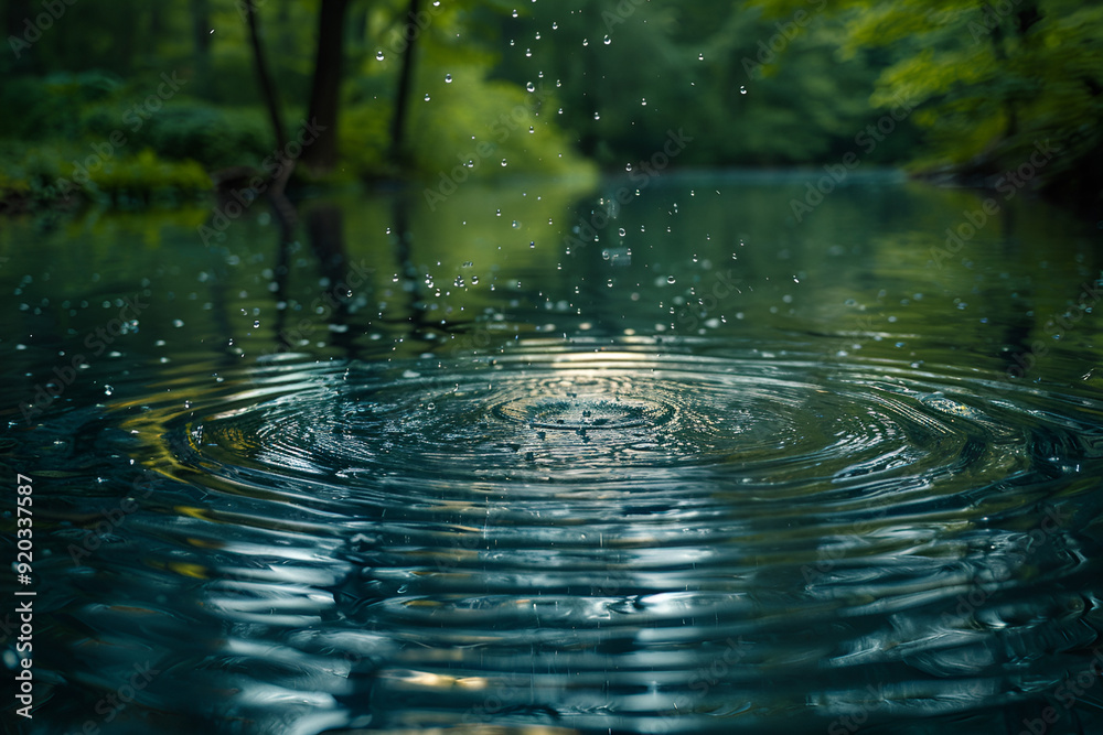 A single drop of water descends gracefully into a tranquil pond, creating ripples that spread across the surface
A single drop of water descends gracefully into a tranquil pond, creating ripples that spread across the surface