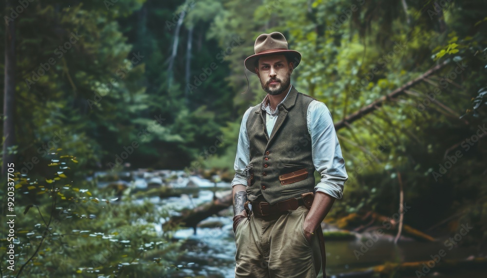 Man in a hat stands by a river surrounded by lush greenery during daylight hours Man in a hat stands by a river surrounded by lush greenery during daylight hours