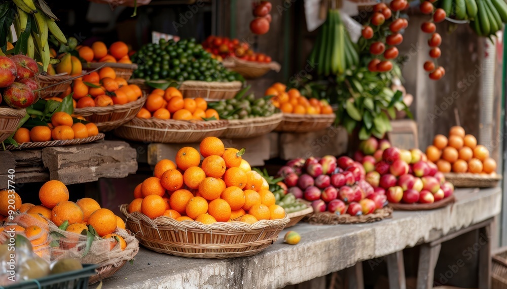 Fresh fruits displayed in baskets at a vibrant local market during daylight Fresh fruits displayed in baskets at a vibrant local market during daylight