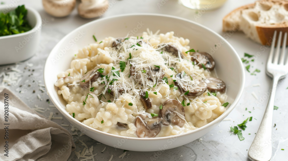 Delight in the comforting flavors of Mushroom Risotto Pasta, featuring creamy risotto-style pasta infused with the rich taste of porcini mushrooms Delight in the comforting flavors of Mushroom Risotto Pasta, featuring creamy risotto-style pasta infused with the rich taste of porcini mushrooms