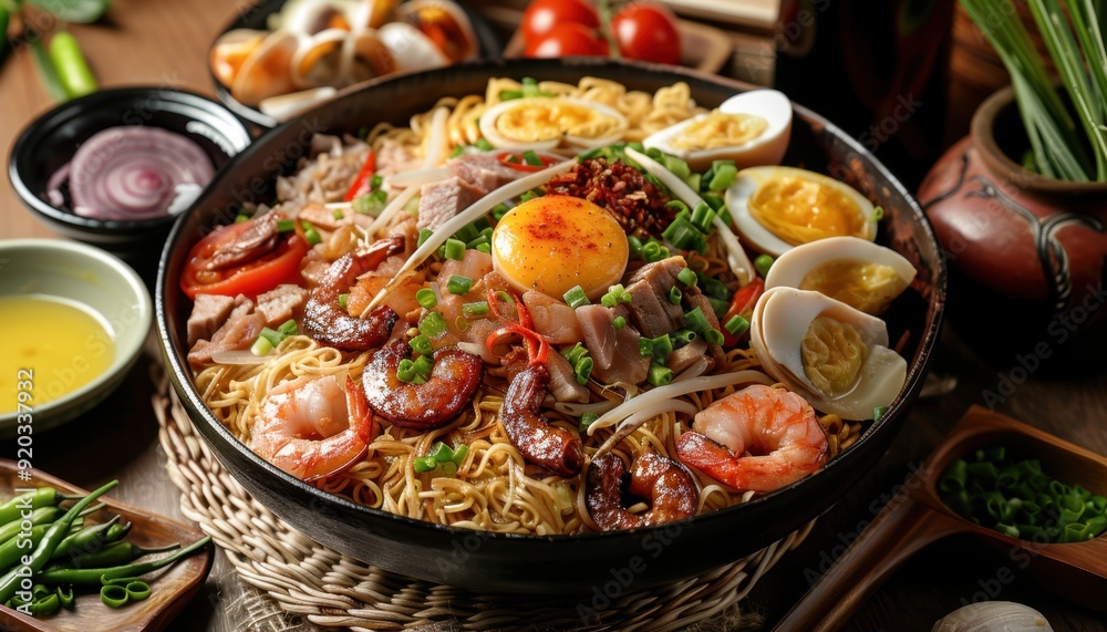 Delicious bowl of hearty seafood noodle soup with toppings in a warm restaurant setting Delicious bowl of hearty seafood noodle soup with toppings in a warm restaurant setting