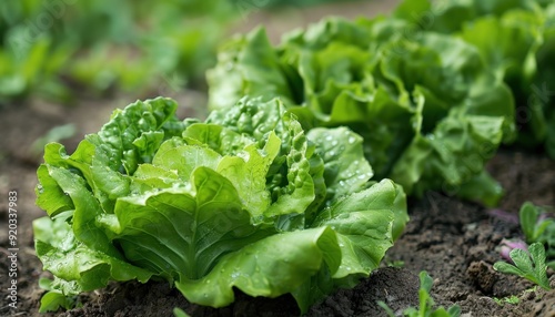 Fresh green lettuce growing in a vegetable garden during early morning light
