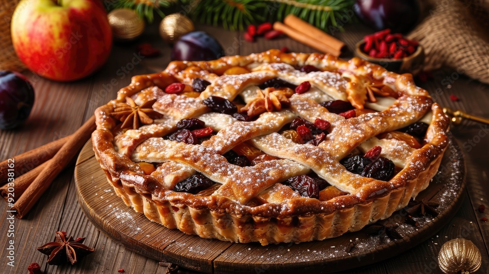 Pie plums cinnamon wood background. Generative AI Pie plums cinnamon wood background. Generative AI