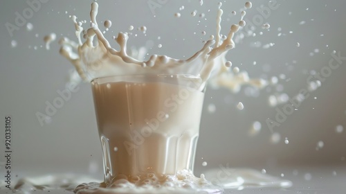 Milk splashes dramatically in a glass, creating a crown of white and a delicate spray.