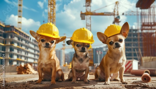 Three construction worker chihuahuas wearing hard hats at a building site on a sunny day