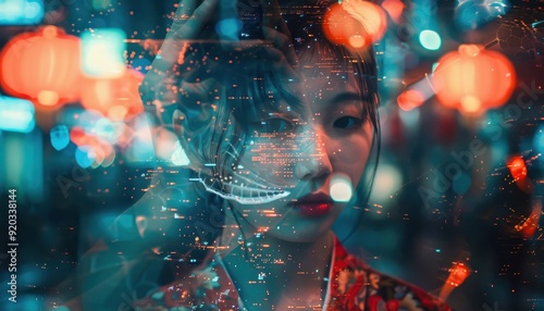 Woman in colorful attire poses with illuminated lanterns at night in a vibrant cityscape