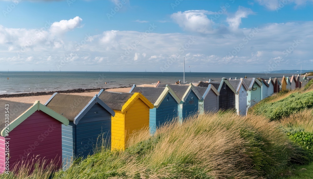 Vibrant coloured beach huts lined up along a beach on a sunny day Vibrant coloured beach huts lined up along a beach on a sunny day