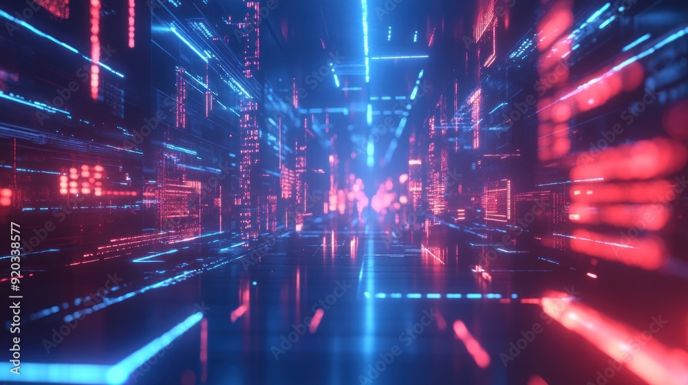 Obraz premium Abstract Digital Cityscape with Glowing Lines and Data Streams