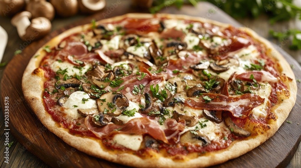 Pizza mushrooms mozzarella prosciutto parsley. Generative AI Pizza mushrooms mozzarella prosciutto parsley. Generative AI