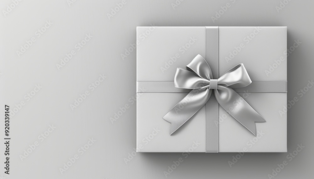 Elegant silver gift box with a bow on a light gray background Elegant silver gift box with a bow on a light gray background