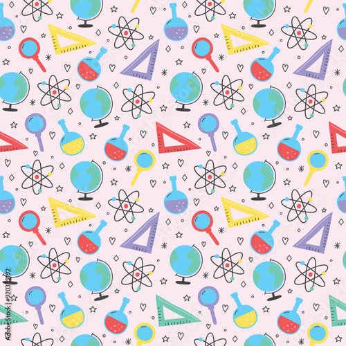 School background with cute cartoon icons. Seamless pattern. Vector illustration