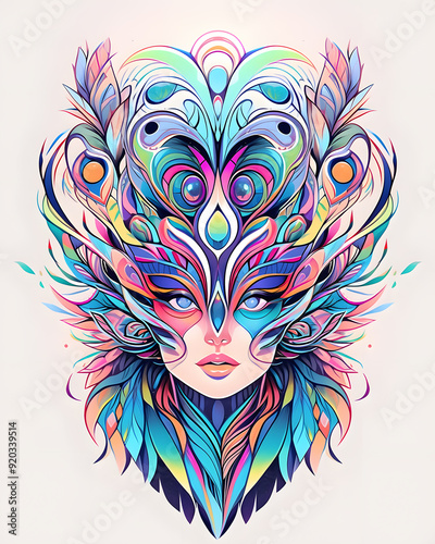 Beautiful womans face wearing peacock costume illustration