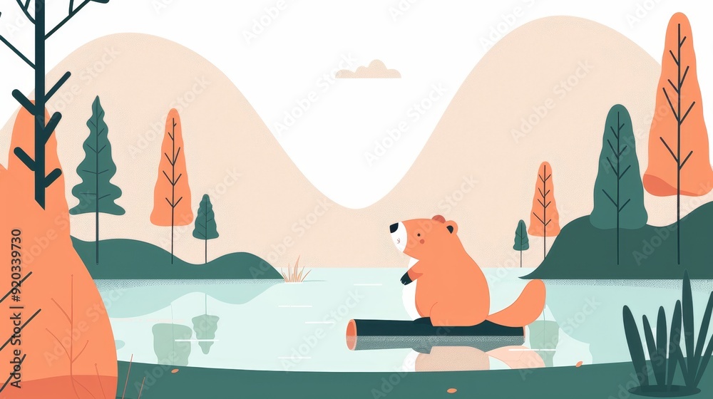 Beaver constructing a dam in nature, minimalist design, clean lines, 2D vector, simplistic color scheme Beaver constructing a dam in nature, minimalist design, clean lines, 2D vector, simplistic color scheme
