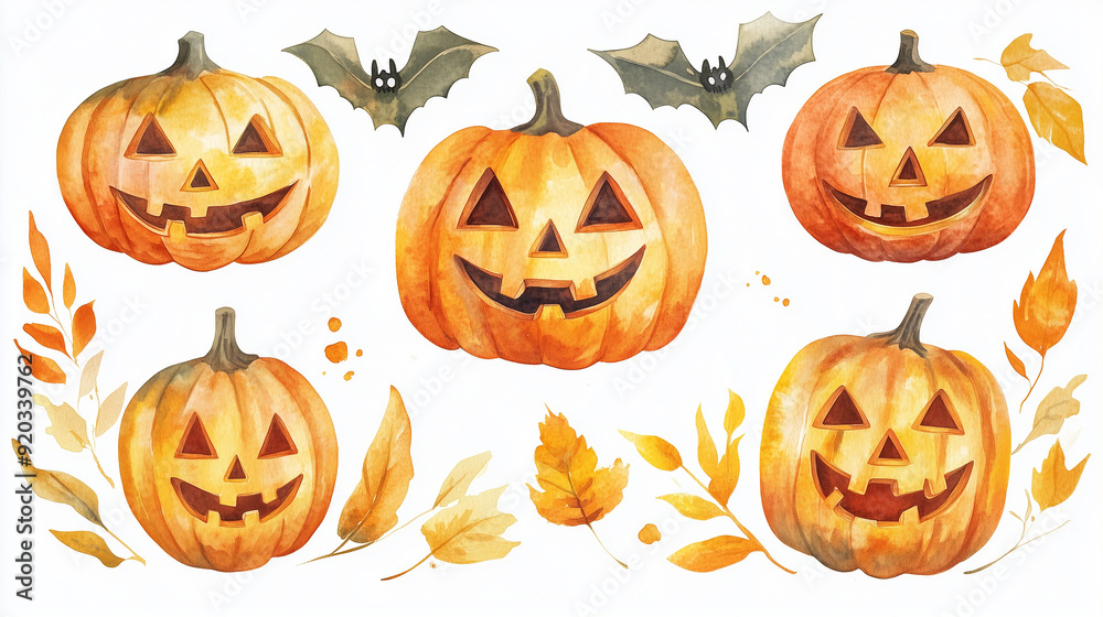 ハロウィンを彩る笑顔のジャックオーランタン – 可愛らしい秋の背景イラスト素材 ハロウィンを彩る笑顔のジャックオーランタン – 可愛らしい秋の背景イラスト素材