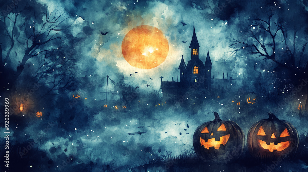 満月が照らすハロウィンの夜、ゴシック城とジャックオーランタン – 幻想的で不気味な背景イラスト 満月が照らすハロウィンの夜、ゴシック城とジャックオーランタン – 幻想的で不気味な背景イラスト