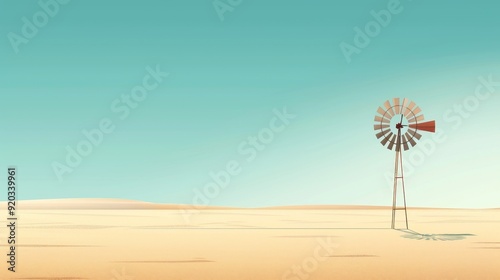 A lone windmill, plain and basic, minimal detail, 2D vector illustration, clean lines and muted colors