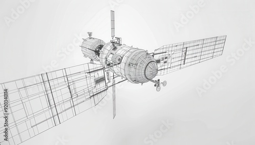 Detailed wireframe model of a space satellite with solar panels and antennas in low detail